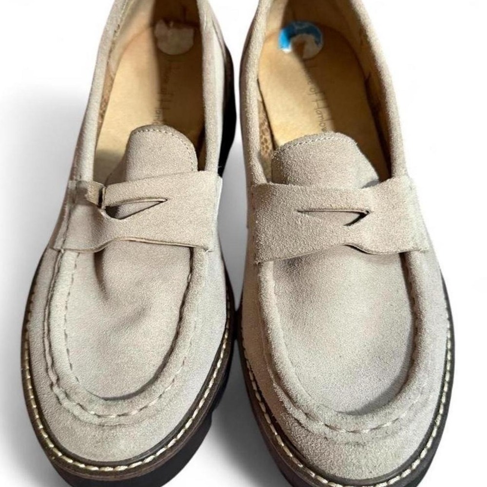 House of Harlow Gunner Taupe Suede Platform Lug Sole Penny Loafers